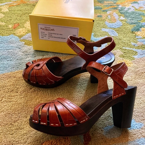 Swedish Hasbeens Shoes - Sky high cross strap - cognac croc/dark brown size 41